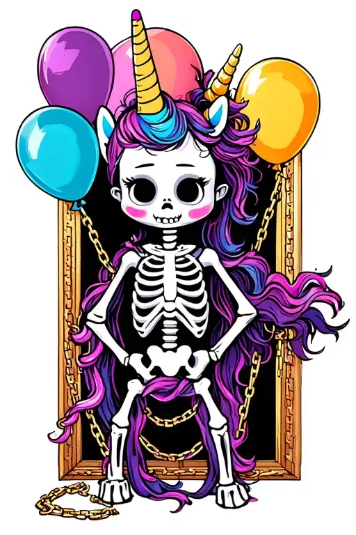 grandchild Sophia balloons unicorn skeleton chained tattoo design idea