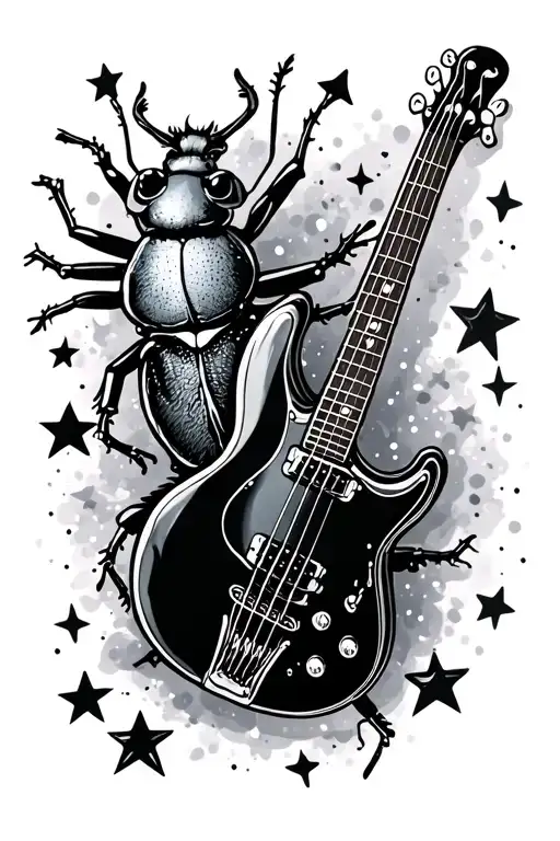 beetle and bass guitar together with stars tattoo design idea