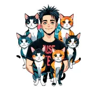 happy punk rock young man with gang of cats tattoo design idea