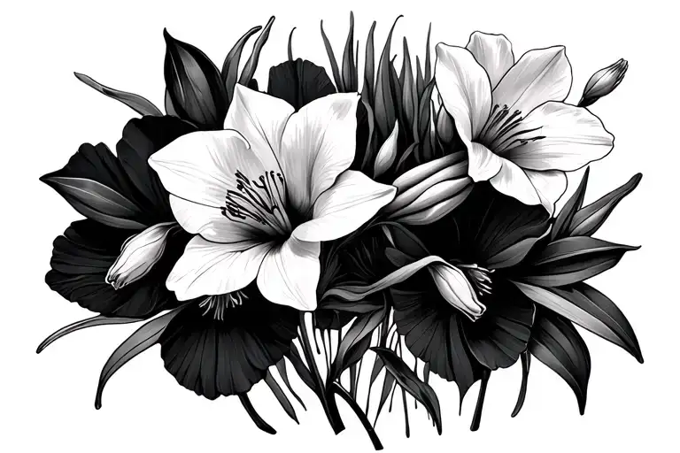 gladiolus and Narcissus flowers on a bed of poppies tattoo design idea