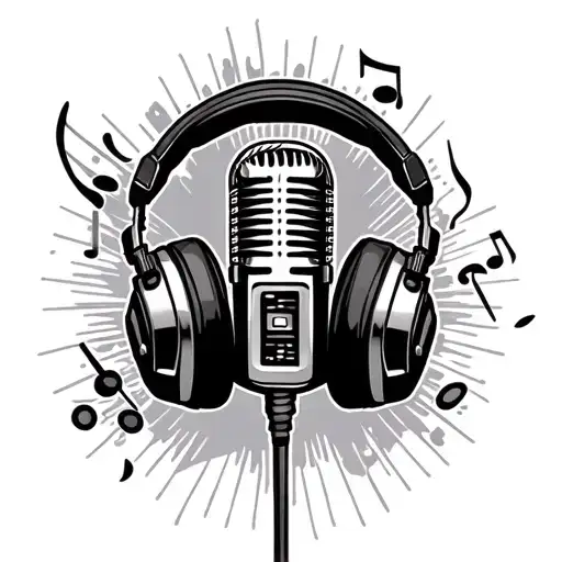 DJ headphones with old school microphone surrounded by musical tattoo design idea