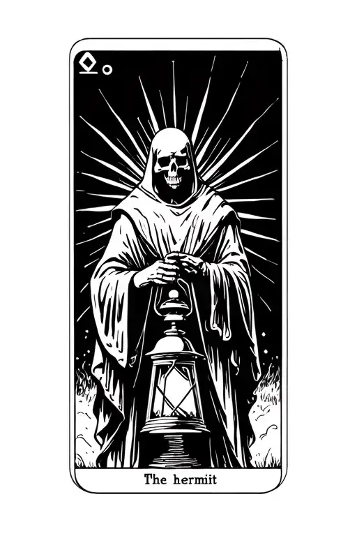 The hermit tarot card walking in darkness holding lantern with rays eminating from lantern. The hermith as a skull face tattoo design idea