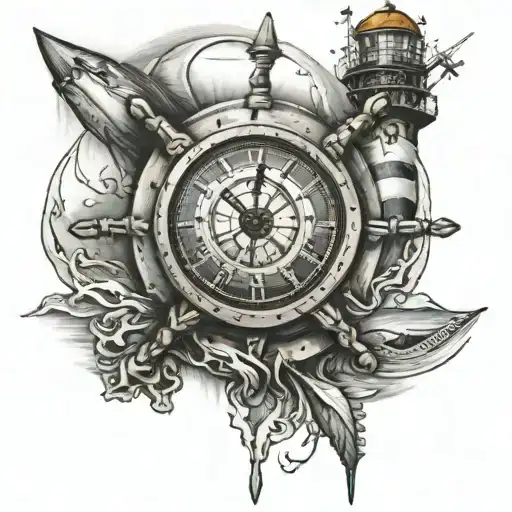 ship wheel with clock inside with light house behind tattoo design idea