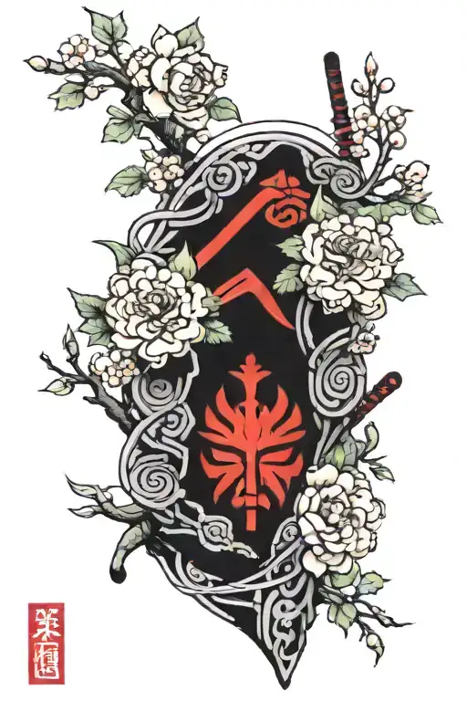 Majora's mask and samurai and cherry blossom and peonies tattoo design idea