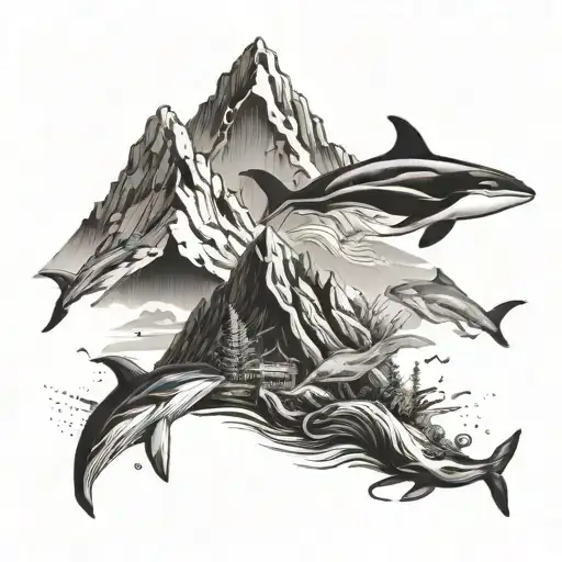 Design a mountain peak with a hidden trail leading to a marine biology research station, surrounded by animals like whales and dolphins tattoo design idea