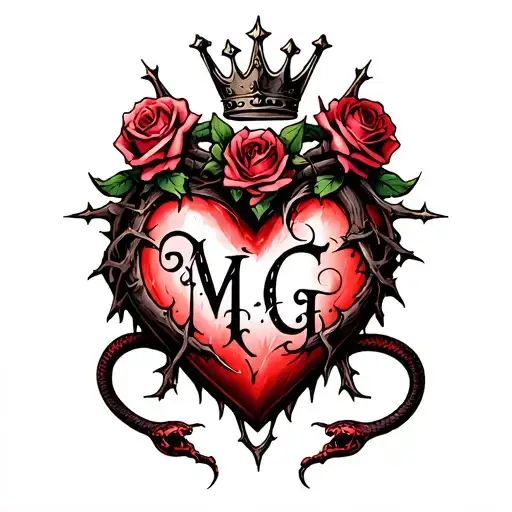 "M G" Gothic-style heart entangled with thorns, topped with a crown, four roses, and two angry snakes with Gothic-style letter tattoo design idea