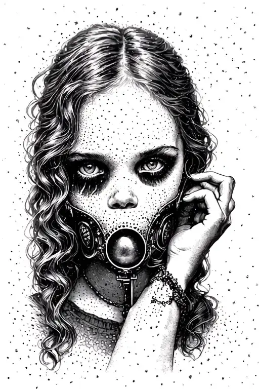 Girl with a muzzle of a stranger from a horror movie looks in the mirror tattoo design idea