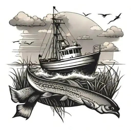 A fishing boat sailing on a football field, with fish jumping out of the grass tattoo design idea