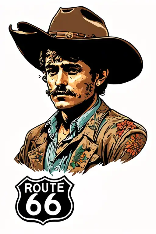 back portrait tatto for new mexico, put billy the kid, some aliens, vanqedos, route 66, the zia sign and at the top and  tattoo design idea