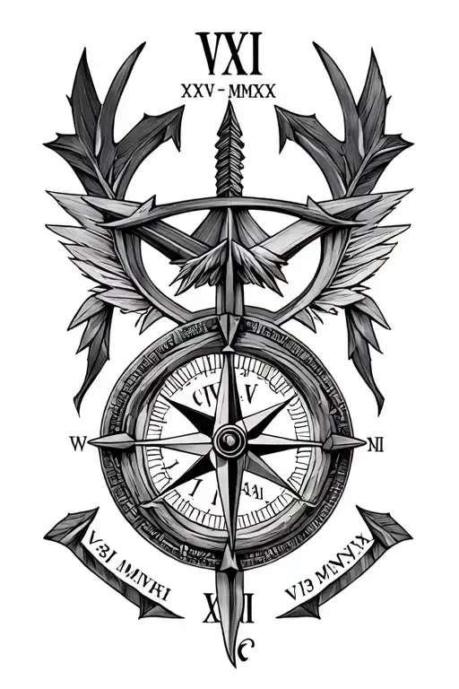 arrow. compass. Roman numeral birthdate incorporated VIII・XXVI・MMXX     VI・XIII・MMXXIII       tattoo design idea