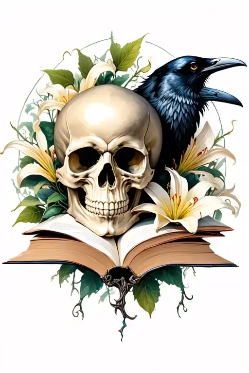 skull,raven, books, gothic, thorn vines, lillies tattoo design idea