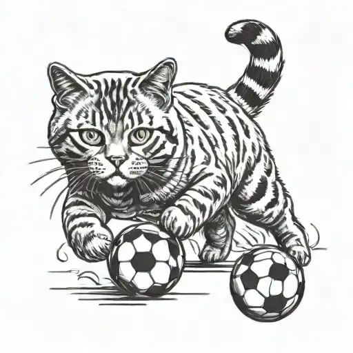 A British shorthair cat playing football with other animals tattoo design idea