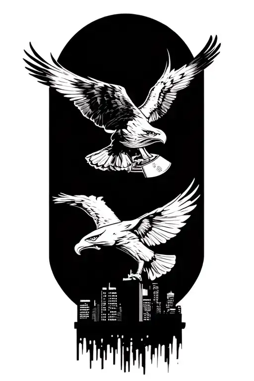 Philadelphia eagle soaring carrying super bowl trophy over Philly city tattoo design idea