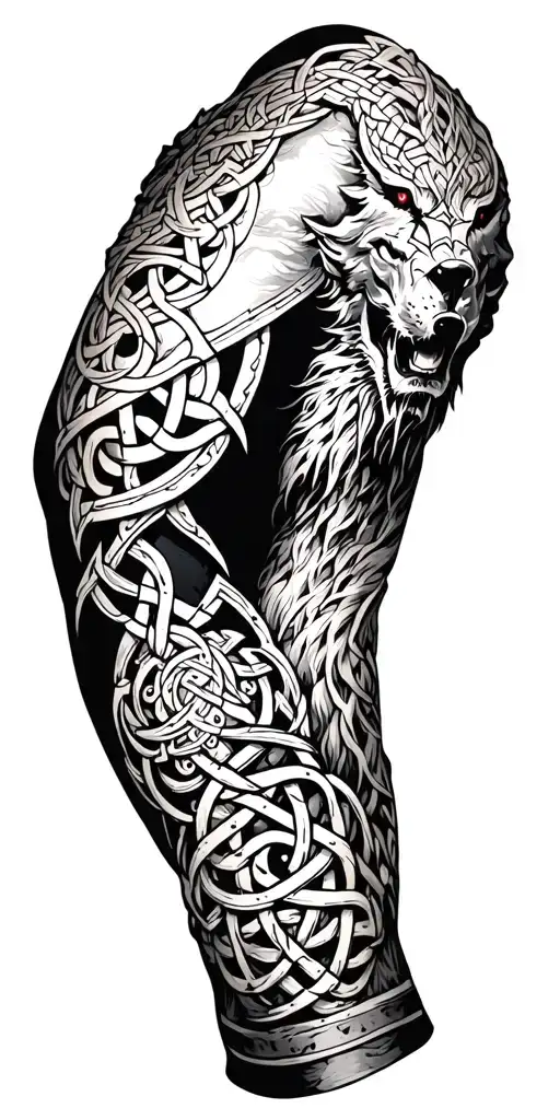 armor arm sleeve with celtic knots and skoll y hati howling tattoo design idea