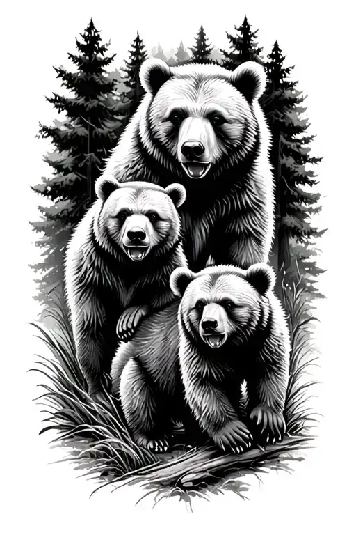 3 bear cubs playing in the forest landscape tattoo design idea