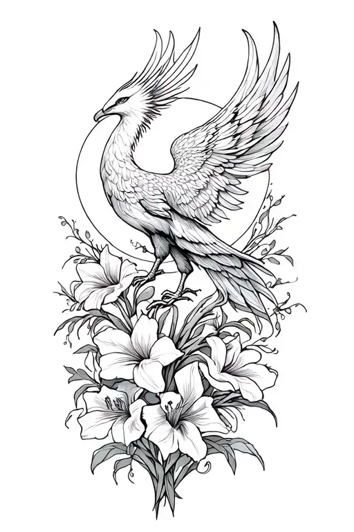 Phoenix with gladiolus and moon tattoo design idea