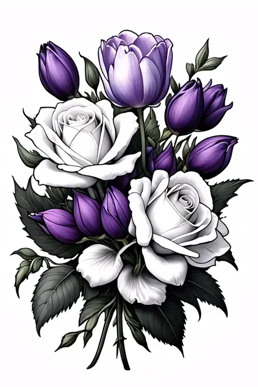white roses, purple hyacinths, and certain varieties of tulips and lilies tattoo design idea