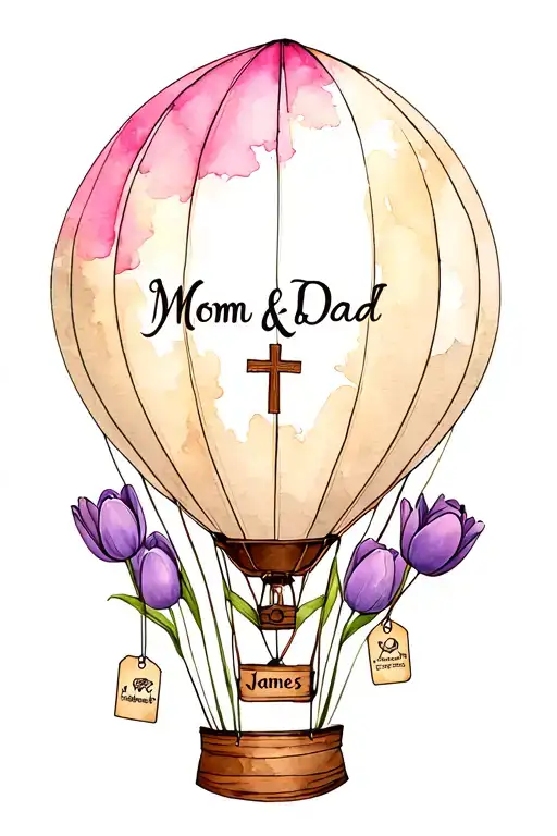 A  hot air balloon adorned with purple tulips, featuring a cross saying 'Mom & Dad', with dog tags saying 'James. tattoo design idea