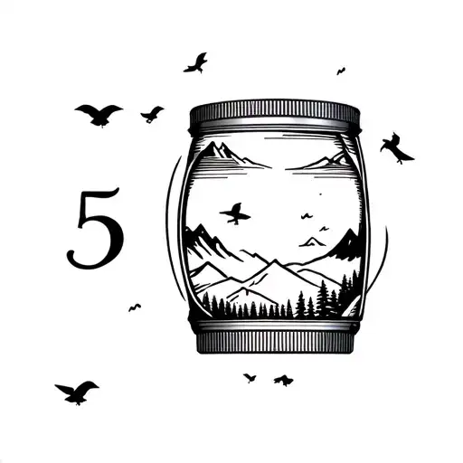a simple tattoo a camera lens with number 5, mountains and wildlife - birds and animals inside it. without shading tattoo design idea
