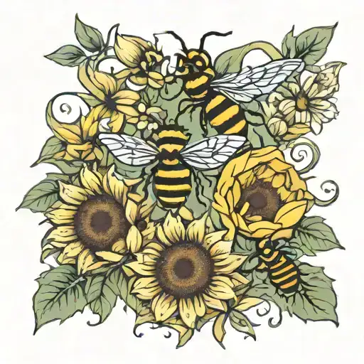 sunflowers, bees, lilies intertwined tattoo design idea