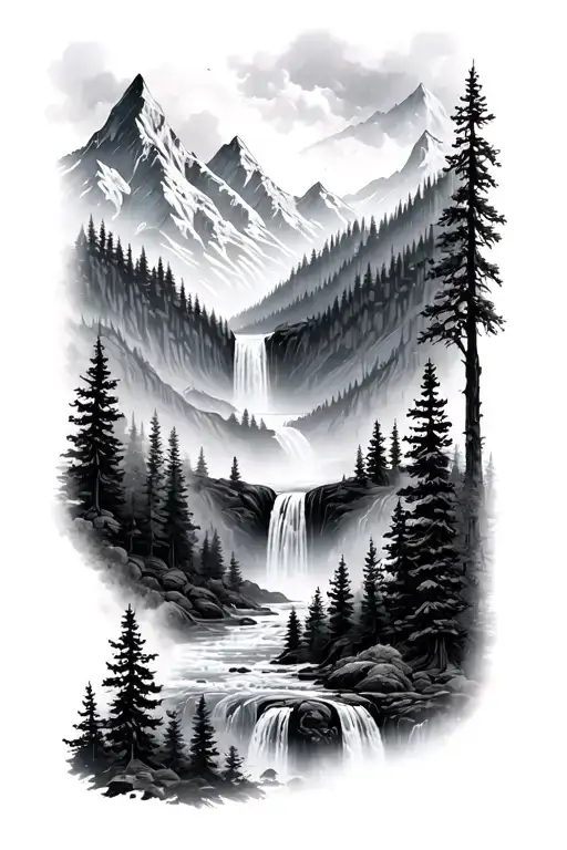 mountains, waterfall and forest trees. minimal  tattoo design idea