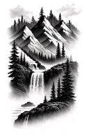mountains, waterfall and forest trees. minimal  tattoo design idea