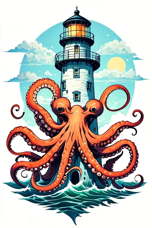 lighthouse wrapped by octopuses tattoo design idea
