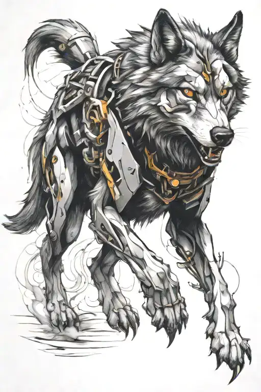 mechanical wolf running alongside tattoo design idea