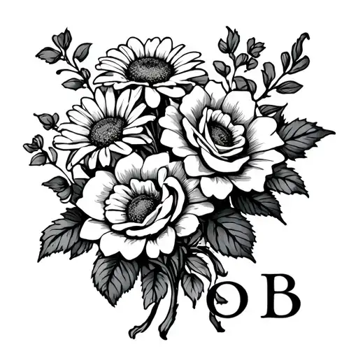 stamp with bouquet of roses and daisies, the letters O and B at the bottom right of the stamp tattoo design idea