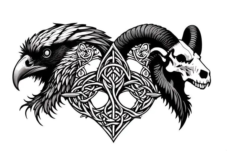 Celtic tree of life .a Celtic raven head on the left .a Celtic ram head on the right location of the skull tattoo design idea
