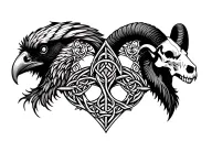 Celtic tree of life .a Celtic raven head on the left .a Celtic ram head on the right location of the skull tattoo design idea