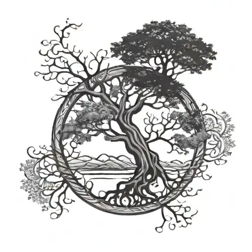 tree of life intertwined balance  good and bad duality tattoo design idea