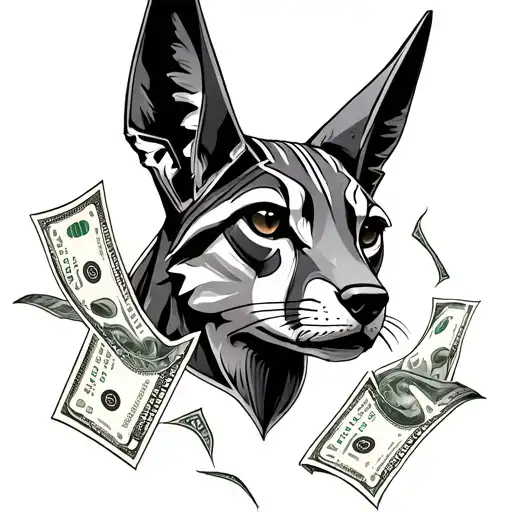 "Black and white tattoo sketch, Anubis head with detailed jackal features, surrounded by falling dollar bills, a cracked tattoo design idea