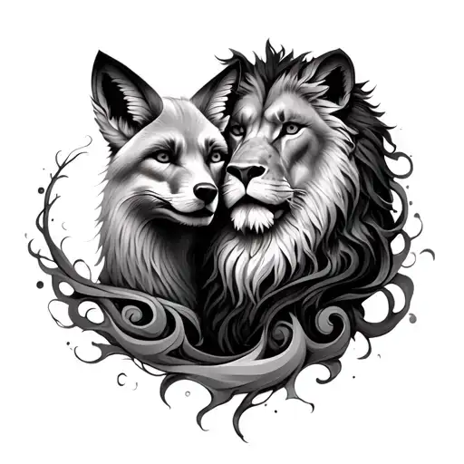 ---*"Dark surrealistic tattoo design showing a fox and a lion facing forward, but partially emerging from swirling sha tattoo design idea