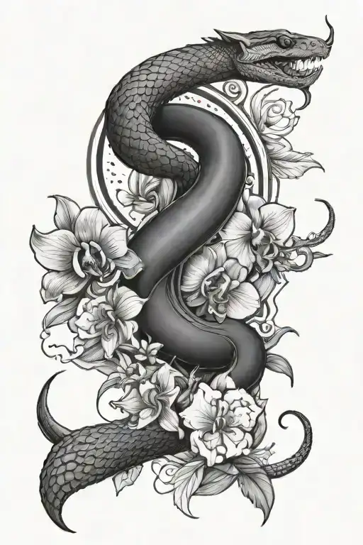 left hand forearm tattoo with a black mamba snake and the moon with orchid flowers around it all in different places tattoo design idea