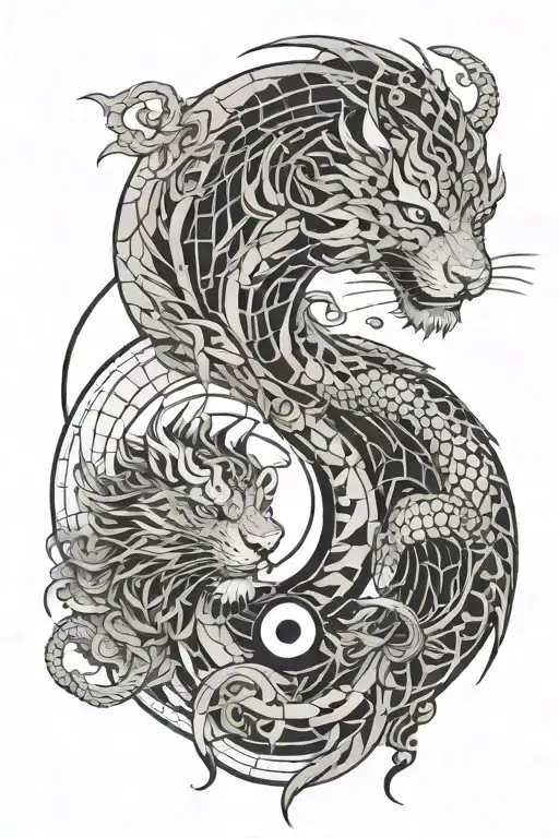 dragon and tiger in a yin yang position, abstract representation tattoo design idea