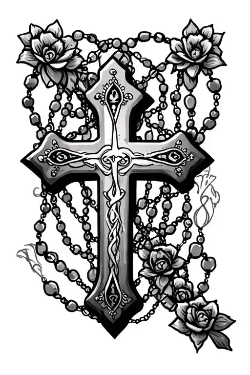 cross with rosaries intertwined tattoo design idea