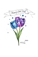 Create me a tattoo in memory of Lydia Vail 09/17/2000 with purple and blue  tulips and watercolor splashes and a banner  tattoo design idea