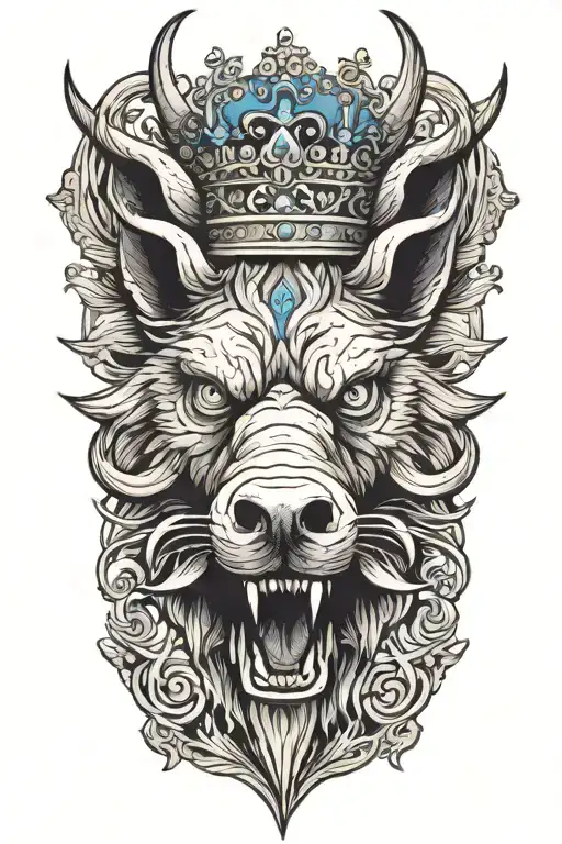 angry boar head with wings wearing a crown with blue eyes tattoo design idea