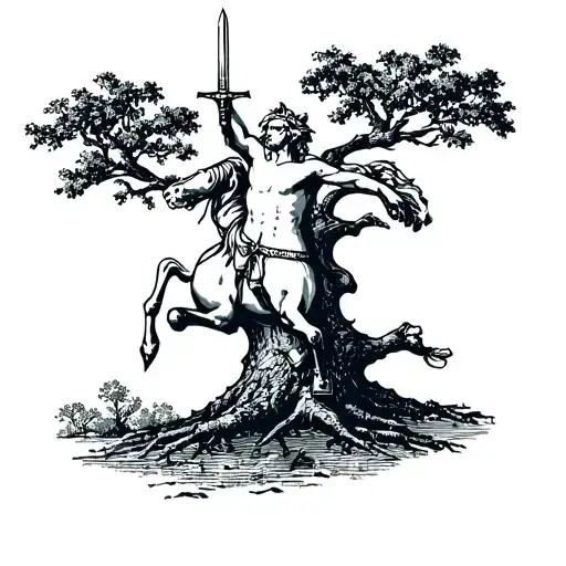 centaur on a tree with sword tattoo design idea