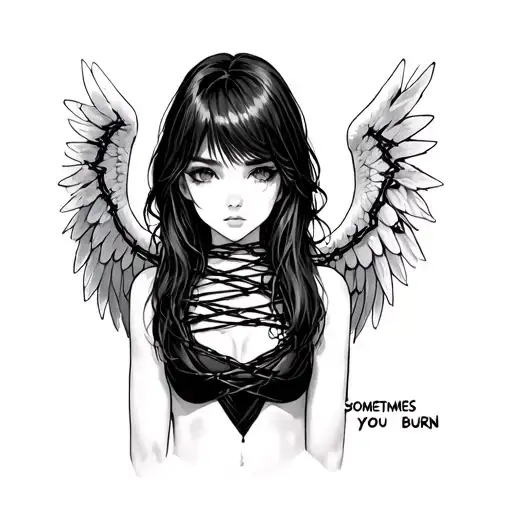 anime girl, angel wings, barbed wire wrapped, minimal, aesthetic. the words "sometimes you burn". this for the neck area tattoo design idea