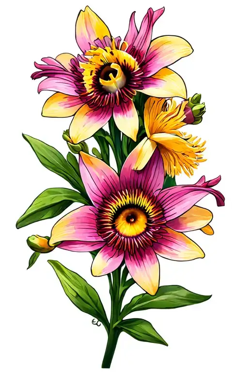 Passion flowers, daffodils, gladioli, tattoo design idea