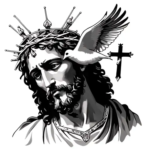 The sleeve is going to have Jesus’s face somewhere with the crown of thorns. The 3 crosses implemented. The dove in it.  tattoo design idea