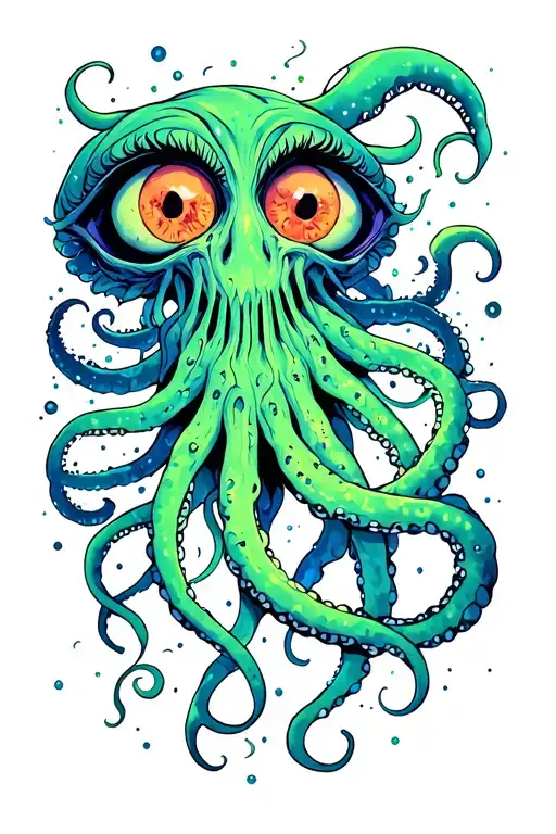 Cosmic Horror, tentacles reaching out in the cosmic void, random eyes looking out of space, vivid color  tattoo design idea