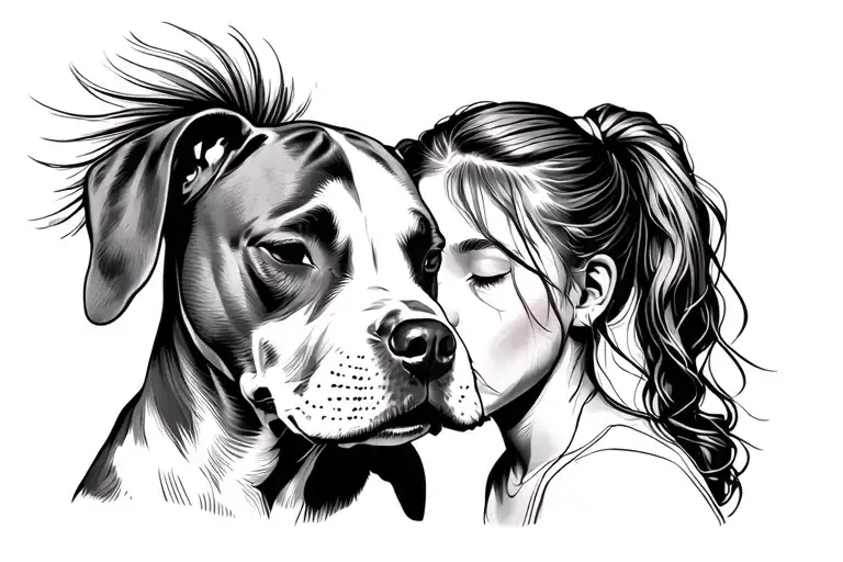A pit bull puppy and a girl with a ponytail touching their foreheads together with their eyes closed tattoo design idea