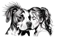 A pit bull puppy and a girl with a ponytail touching their foreheads together with their eyes closed tattoo design idea