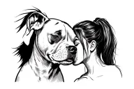 A pit bull puppy and a girl with a ponytail touching their foreheads together with their eyes closed tattoo design idea
