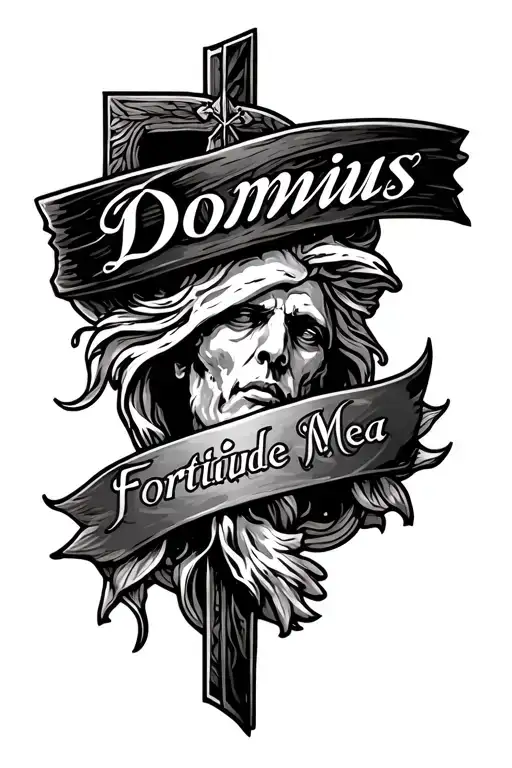 christian tattoo, with writing Dominus Fortitude Mea on the top.  tattoo design idea