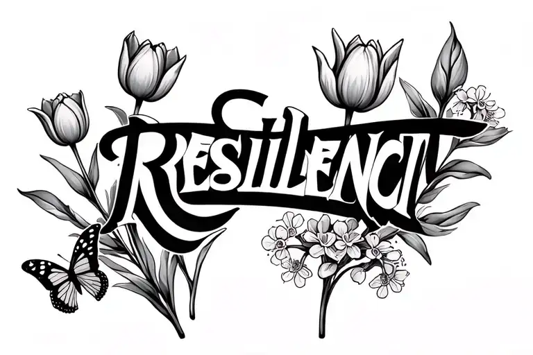 a minimalist tattoo with the word resilient with 1 tulip and butterfly bush flowers attached to the word tattoo design idea