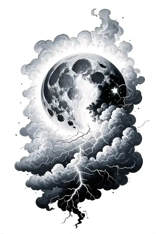 realist moon on the top. A Lightning with cloud(s) on the bottom tattoo design idea